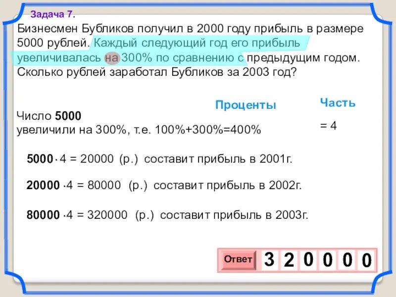Каждый последующий год. Бизнесмен бубликов получил в 2000 году. бизнесмен бубликов получил в 2000 году прибыль в размере. бубликов получил в 2000 году прибыль в размере 5000. бизнесмен бубликов получил в 2000 году 5000 рублей каждый следующий.