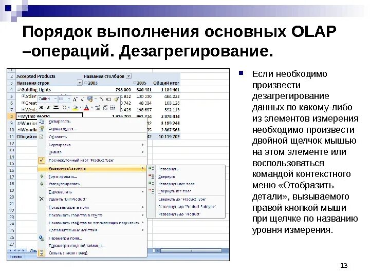 Дезагрегированные данные. OLAP операции. OLAP технология используется если необходимо. Основные функции OLAP. На выполнение операций а также