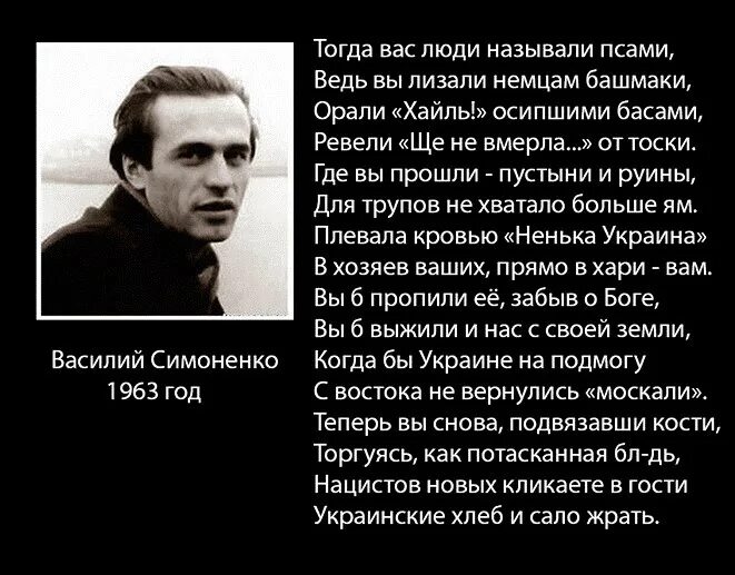 Василь Симоненко о бандеровцах. Стихи Василия Симоненко. Украинский поэт о бандеровцах. Тогда вам люди называли псами.