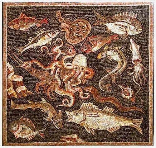 римская мозаика помпеи. фреска рыба. римская мозаика рыбы. роспись гробницы небамона. римские мозаики британский музей.