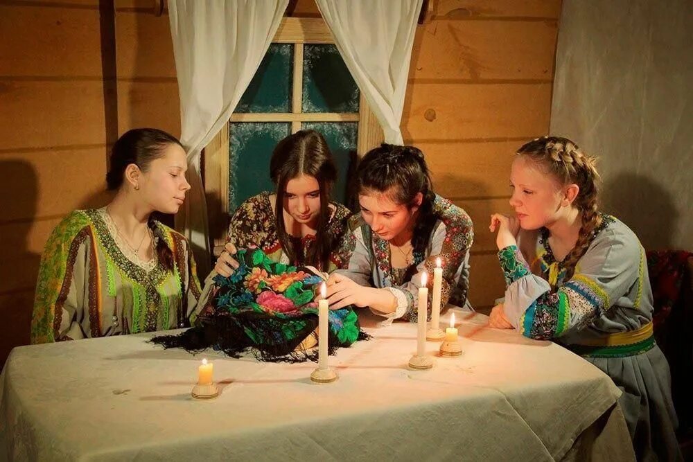 Рождественские посиделки для детей. Вечерки посиделки. Федоскино лаковая миниатюра святки. Посиделки в доме культуры. Святочные гадания.