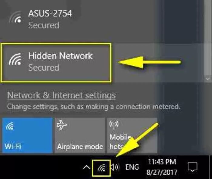 Hide network. Hidden network. change settings such as making a connection metered.