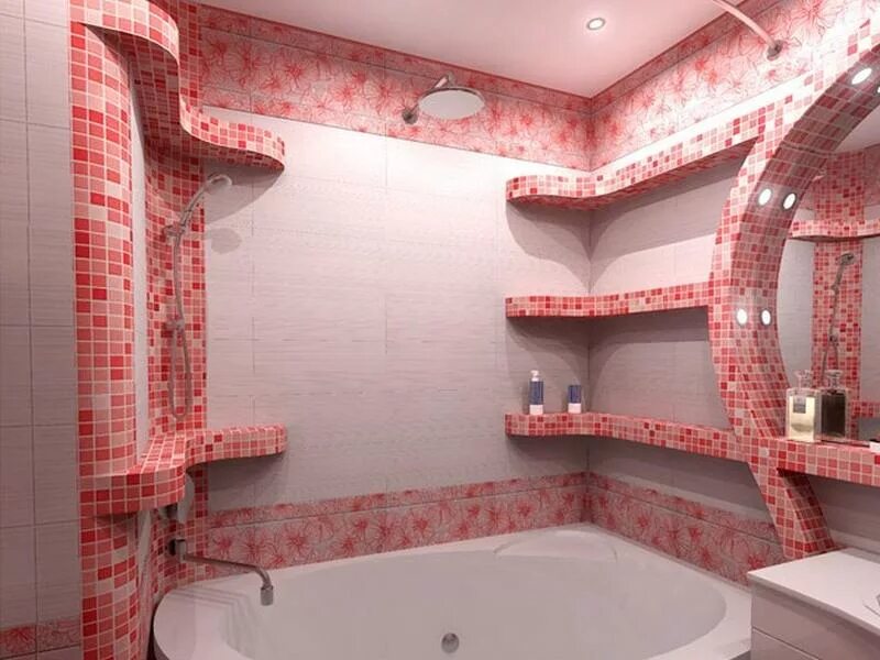 Полочки в ванне из плитки. Полки в ванную комнату из плитки. Ванная комната отделанная мозаикой. Ванная отделанная плиткой. Полочки в ванную из плитки.