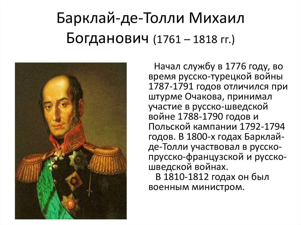 Барклай 1812 генерал. М б барклай де толли был