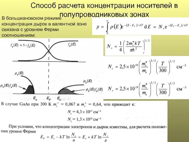 Концентрация носителей в полупроводнике. Концентрация дырок в валентной зоне. Концентрация дырок в полупроводнике. Эффективная плотность состояний в валентной зоне. Методика расчета концентраций