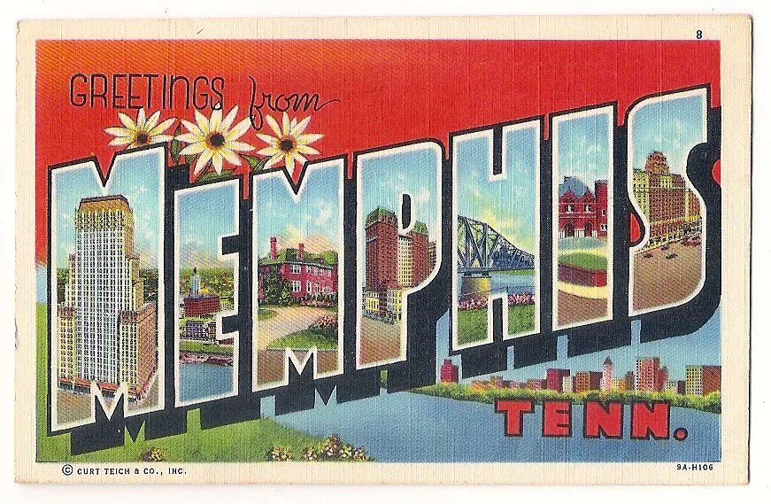 Dear greetings from. Memphis, TN до Калифорнии. 70s Postcard. Night Memphis. Classic Postcards los Angeles.