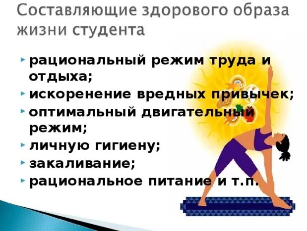 Организация рациональной физической активности. Здоровый образ жизни студента. Составляющие здорового образа жизни студента. План здорового образа жизни. Организации по здоровому образу жизни.