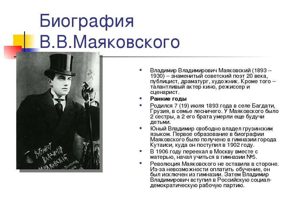 Биография маяковского кратко 9 класс. Маяковский 1908 год.