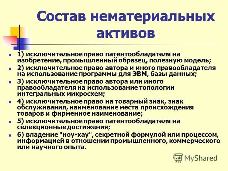 Состав нематериальных активов. Структура нематериальных активов. Понятие и состав нематериальных активов. Состав нематериальных активов предприятия. В составе активов учитываются