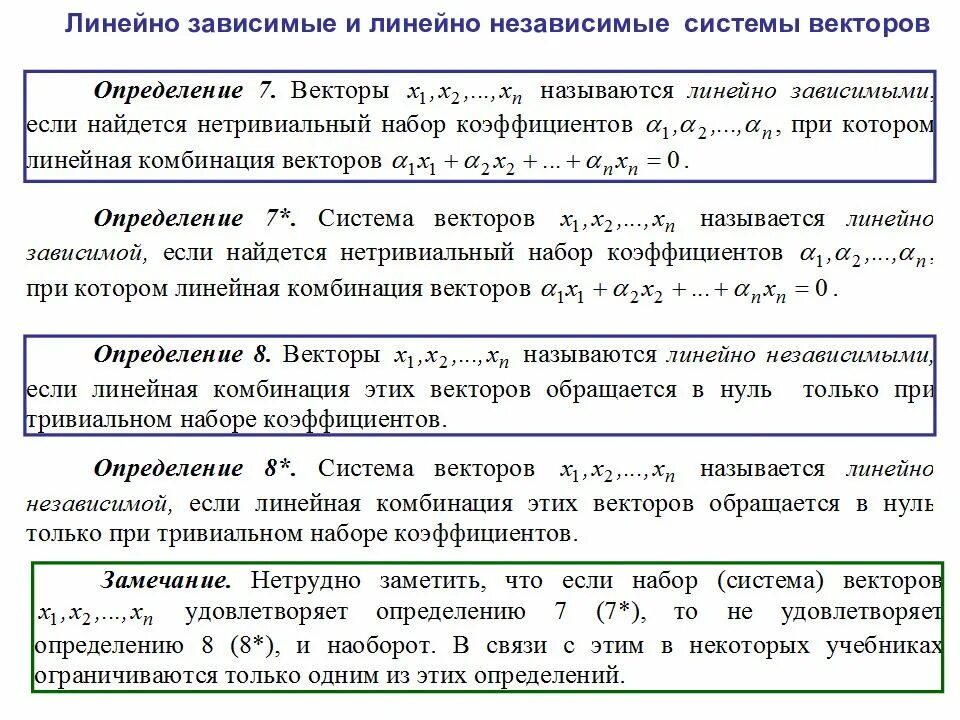 Зависимые системы. Свойства линейно зависимых векторов. Понятие линейно зависимых и линейно независимых вектором. Линейно зависимая и линейно независимая система векторов. Понятие линейной зависимости и независимости системы векторов..