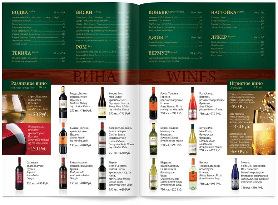 меню алкогольных напитков