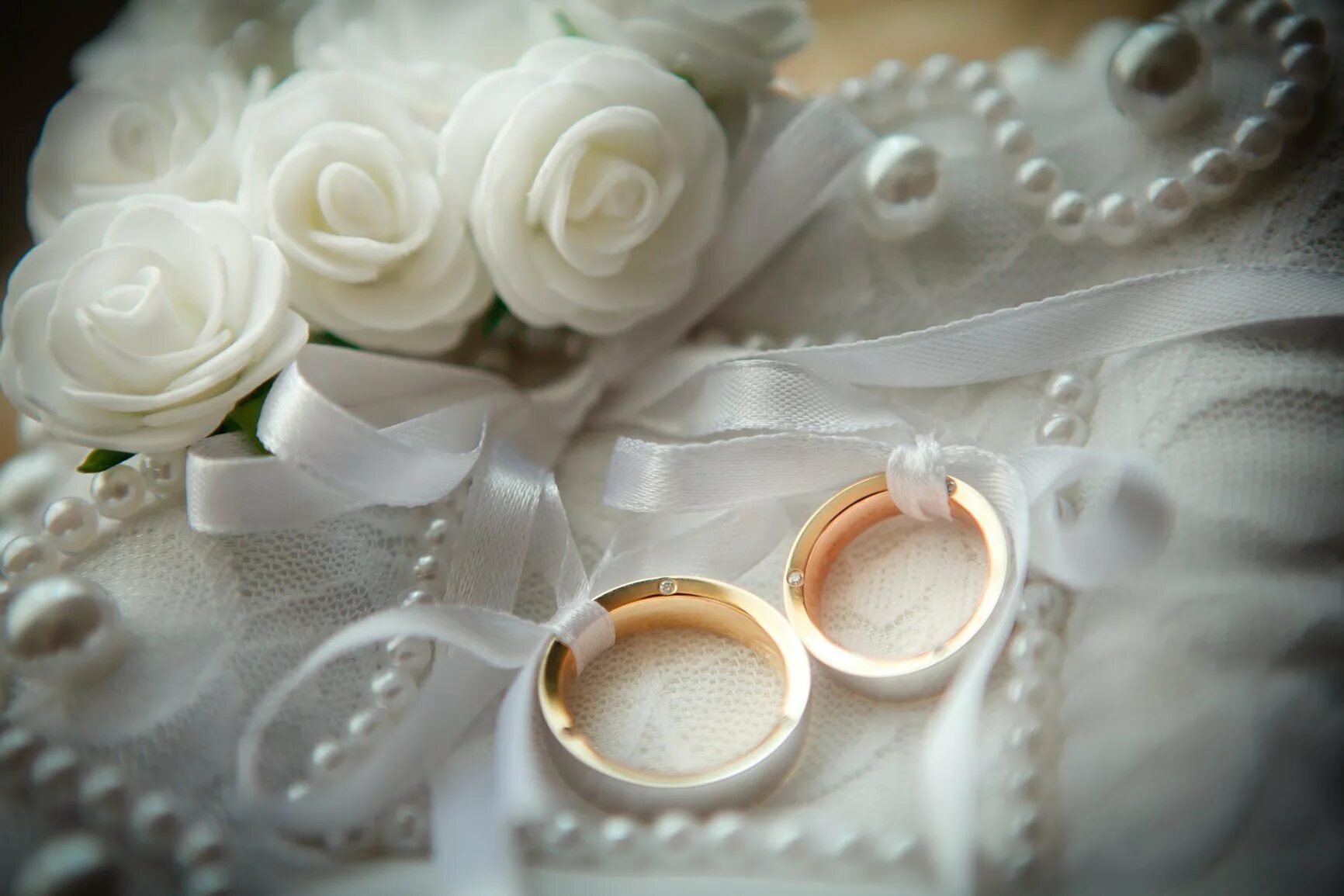 Свадебная тематика. Свадебные кольца и цветы. С днем свадьбы нежные. На белых цветах обручальные кольца.