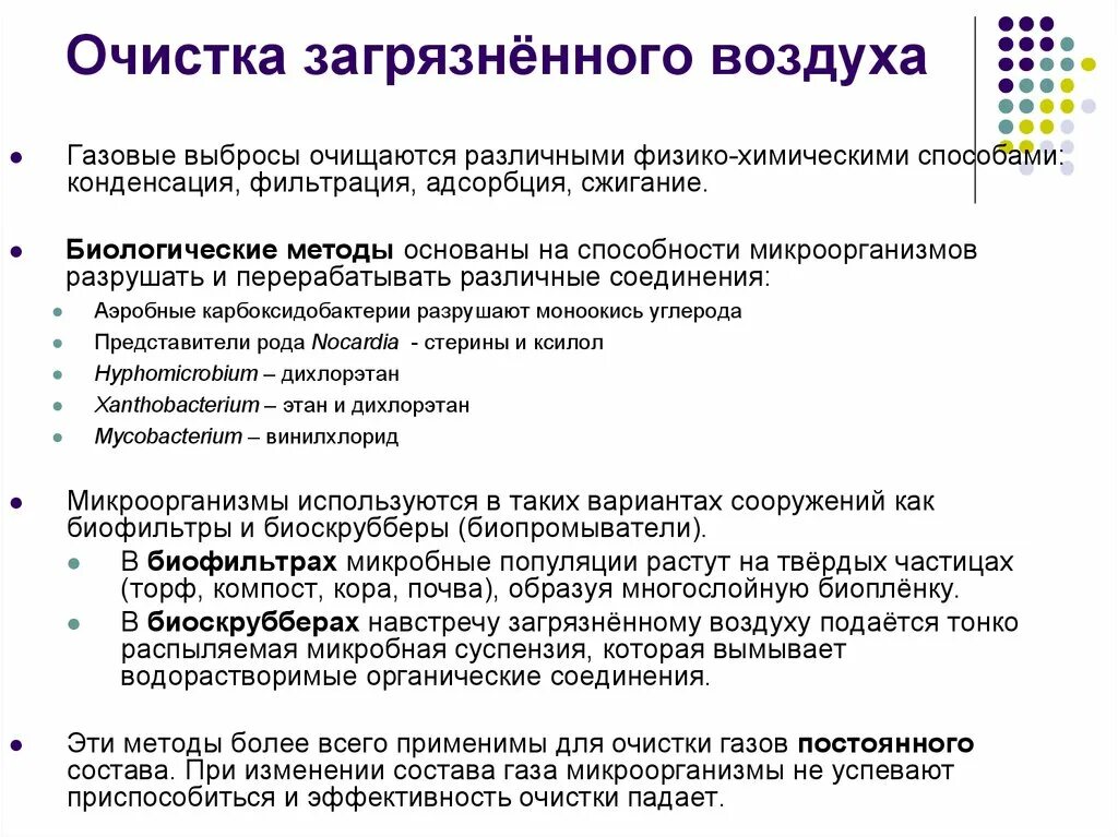 Методы очистки выбросов газов. Методы биологической очистки газовоздушных выбросов. Биологические методы очистки воздуха. Биологические методы очистки газов. Очистка загрязненного воздуха.