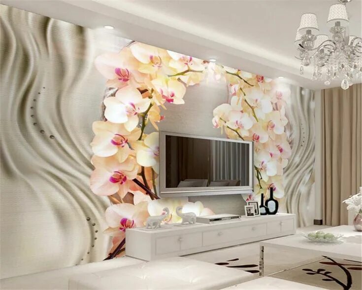 Kustom 3D Wallpaper Transparan Bunga Perhiasan Mewah Sofa Samping Tempat Tidur L