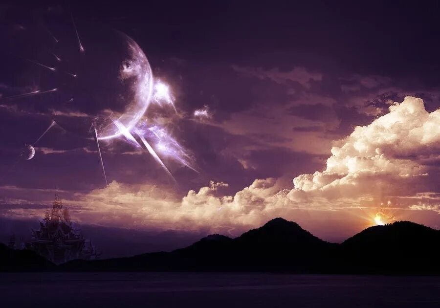 Фантастическое ночное небо. Креативный пейзаж. Фотообои облака в спальне. Фотообои небо в интерьере. Голубое небо с облаками и голубями.