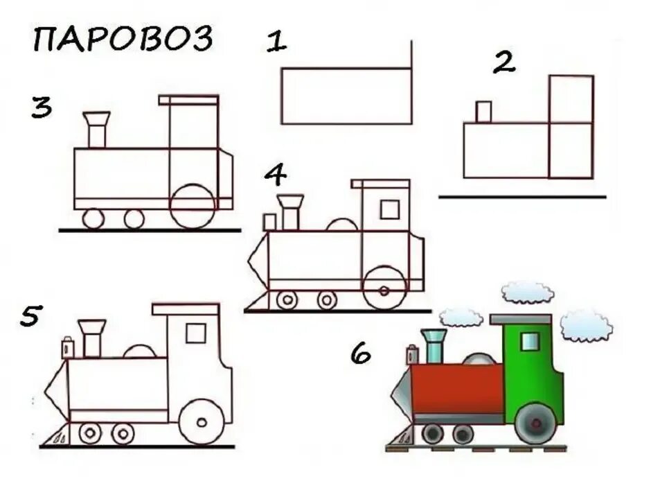 Паровоз как правильно. Аппликация паровоз. Поэтапное рисование паровоза для детей. Поэтапное рисование поезда для детей. Схемы рисования транспорта для дошкольников.