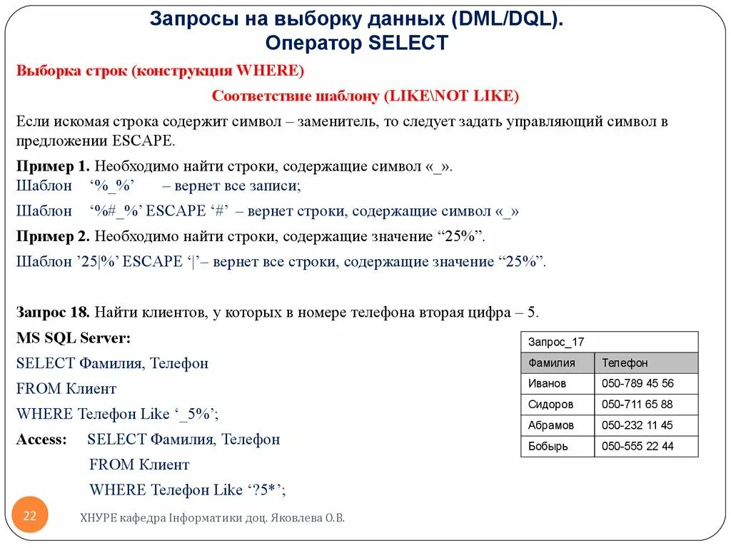 Оператор like в sql. Операторы выборки данных SQL. Select запросы в SQL. Запрос на выборку SQL. Like в SQL запросе.