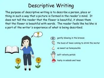 Writing a description of a scene. Descriptive writing. how to write a descriptive paragraph. write a description of a place. description of a person.