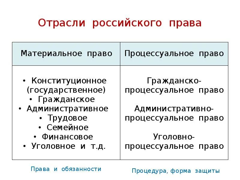 Материальное право и процессуальное право отрасли.