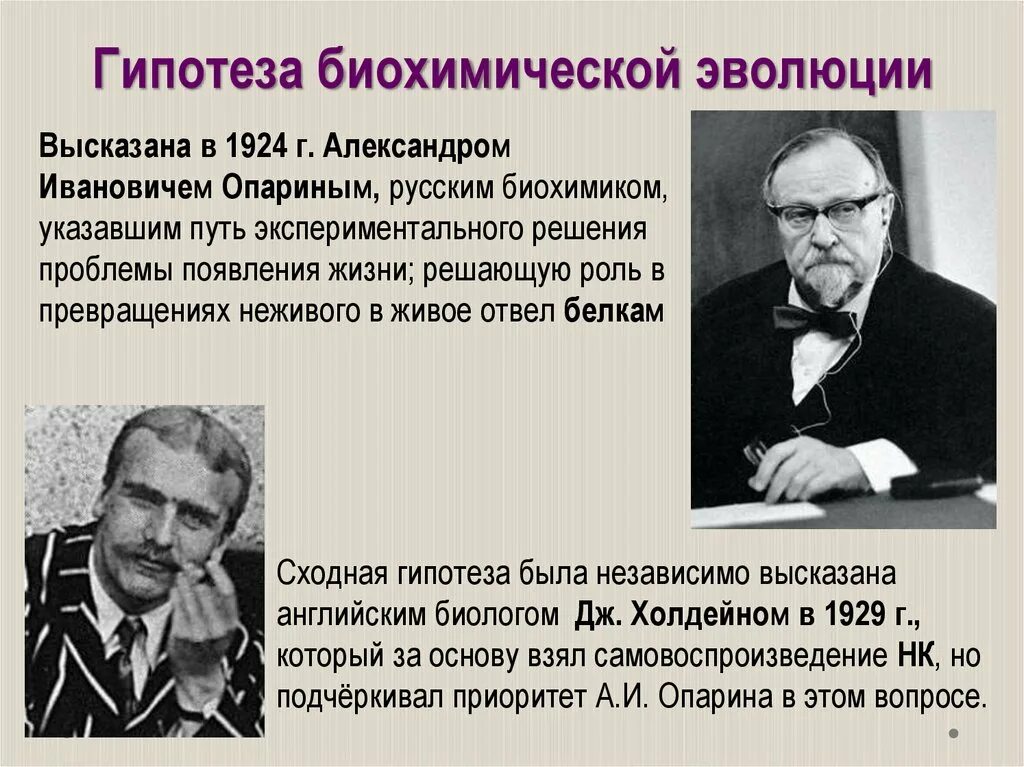 Биохимические гипотезы происхождения жизни. Опарин 1924 гипотеза. Теория биохимической эволюции а.и. Опариным в.