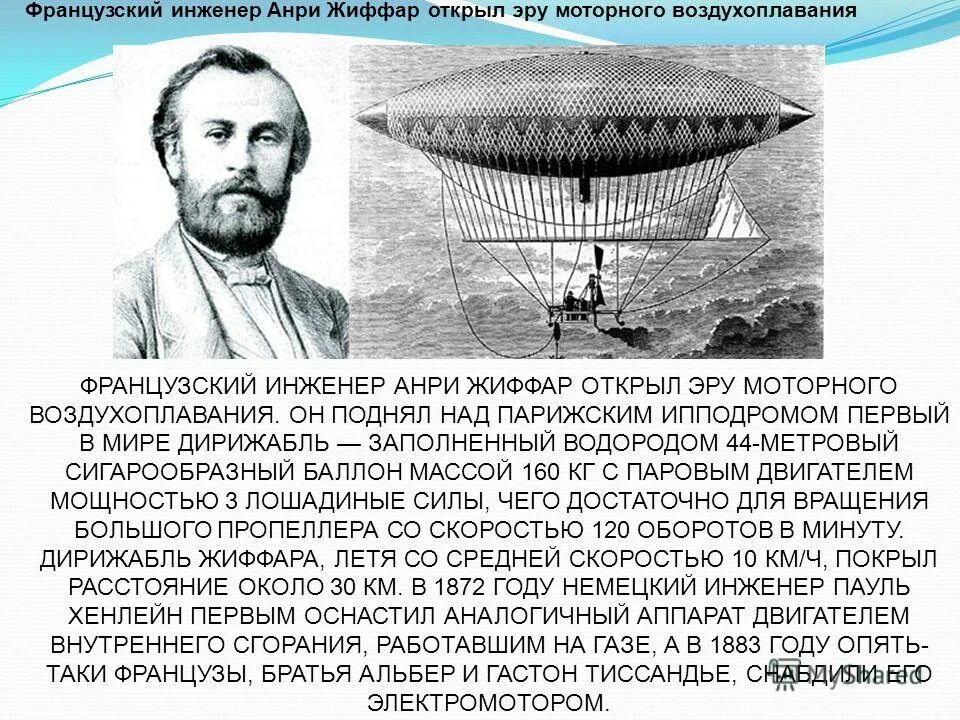 Плавание судов воздухоплавание физика 7 класс конспект. Аэростат Анри Жиффара. Анри Жиффар воздухоплавание. Анри Жиффар и его дирижабль. Первые воздушные шары и дирижабли.