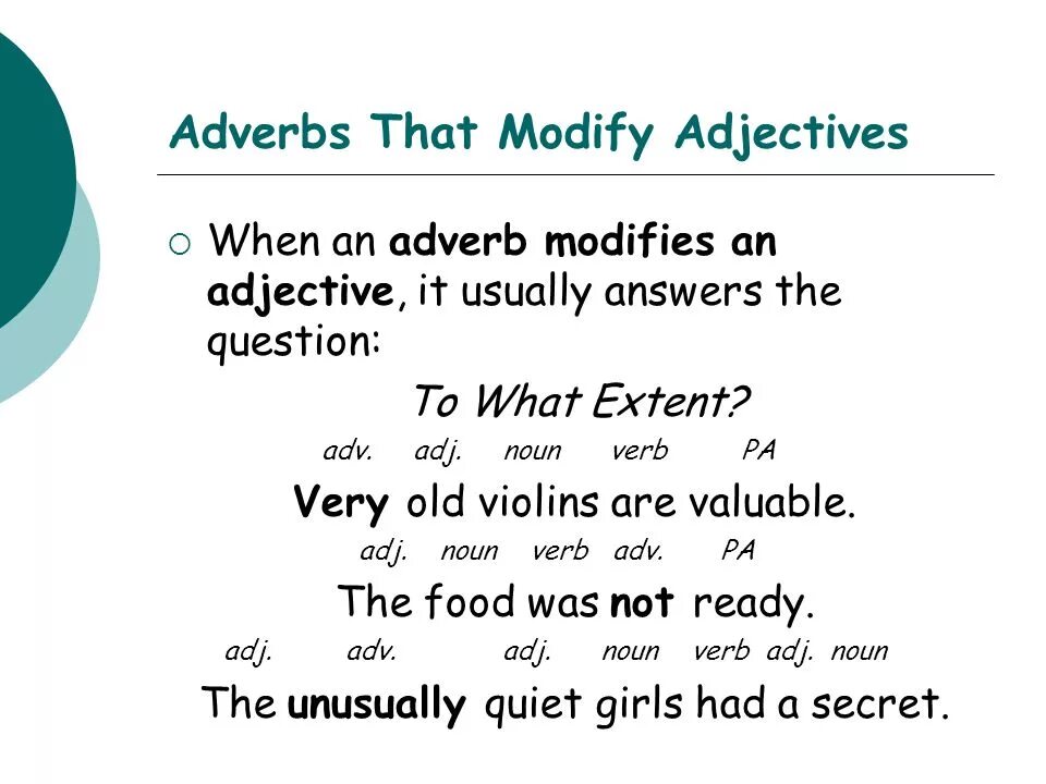 Modifying adverbs правило. Adverbs modifying adjectives. Adverb modify adjectives. Modifying adverbs примеры. When adverb