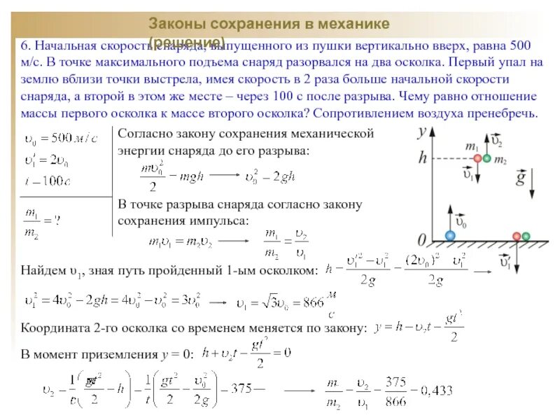 Сколько законов сохранения. Начальная скорость снаряда. начальная скорость снаряда выпущенного из пушки. законы сохранения в механике. решение задач по физике с разрывом снаряда.