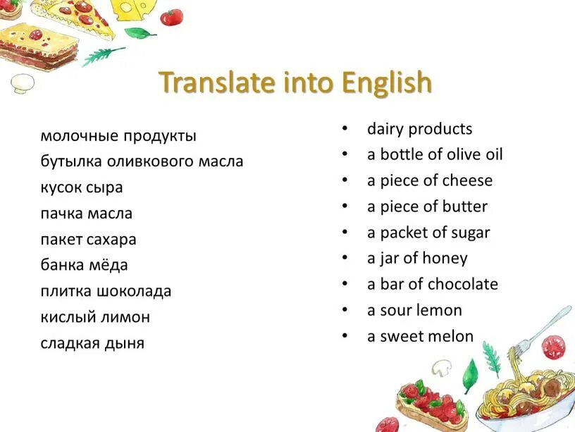 Ужин перевести на английский. What's the English for молочные продукты бутылка оливкового. Translate into English. Food and refreshments контрольная. Пачка масла на английском.