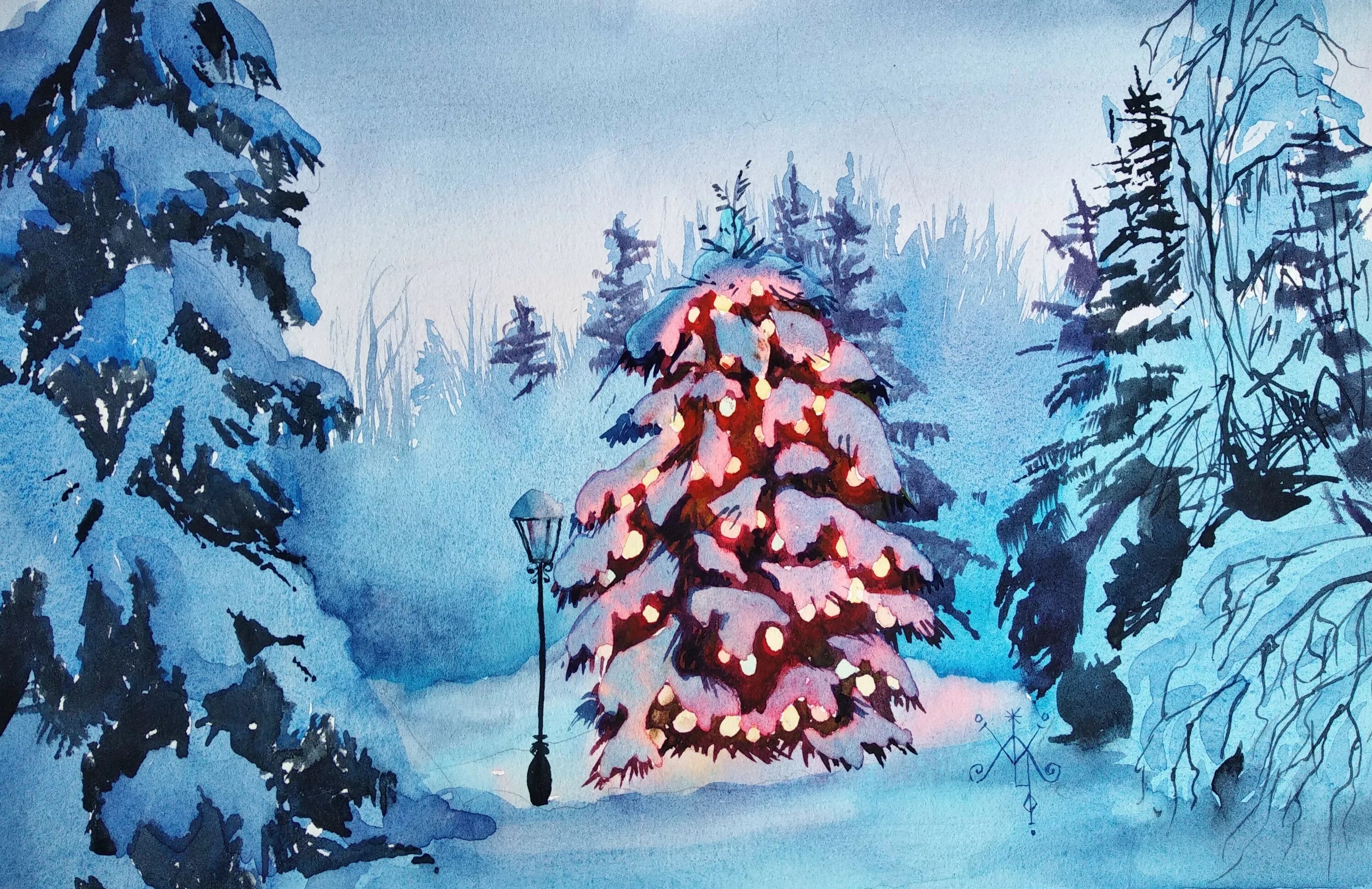 Рисуем зимний лес. Ель акварелью. Новогодний пейзаж гуашью. Новогодняя елка акварель. Зимняя ель акварелью.
