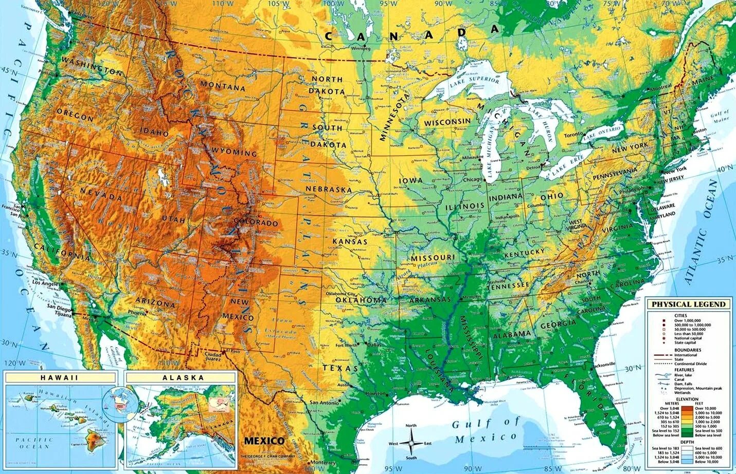 Карта рельефа США. Физическая карта США. Физическая карта США атлас. Соединенные штаты Америки физическая карта.