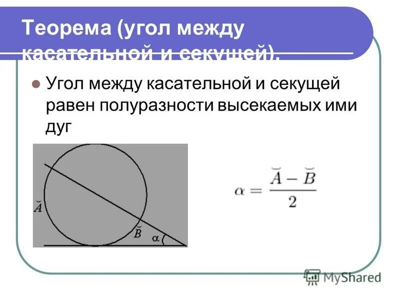 Окружность высекает на сторонах угла равные. Угол между касательными. Угол между касательной и секущей равен. Теорема об угле между касательной и секущей. Угол между касательной и хордой.