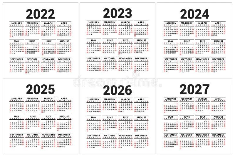 Calendar 2022, 2023, 2025, 2025, 2026 and 2027. English Vector Set. Vertical Wal