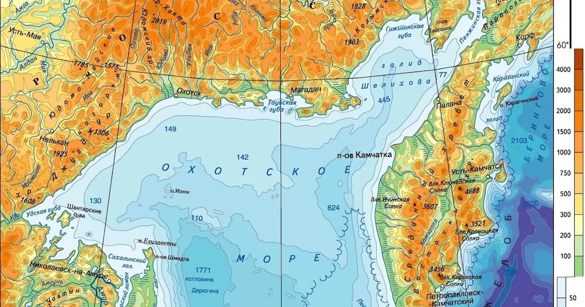 Дальний восток омывают моря тихого океана. Камчатка Охотское море карта. Бассейн Охотского моря. Проливы Охотского моря. Охотское море на карте.