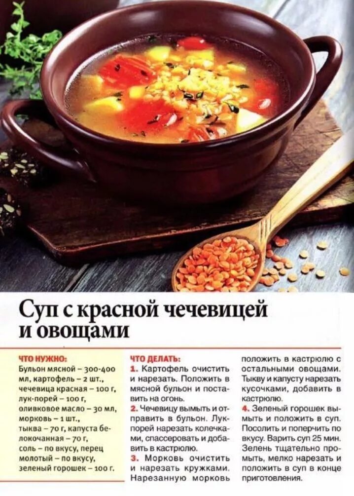 Супы. Рецепт приготовления супа. Рецепты супов в открытках. Рецепты супов в картинках. Соотношение воды и чечевицы
