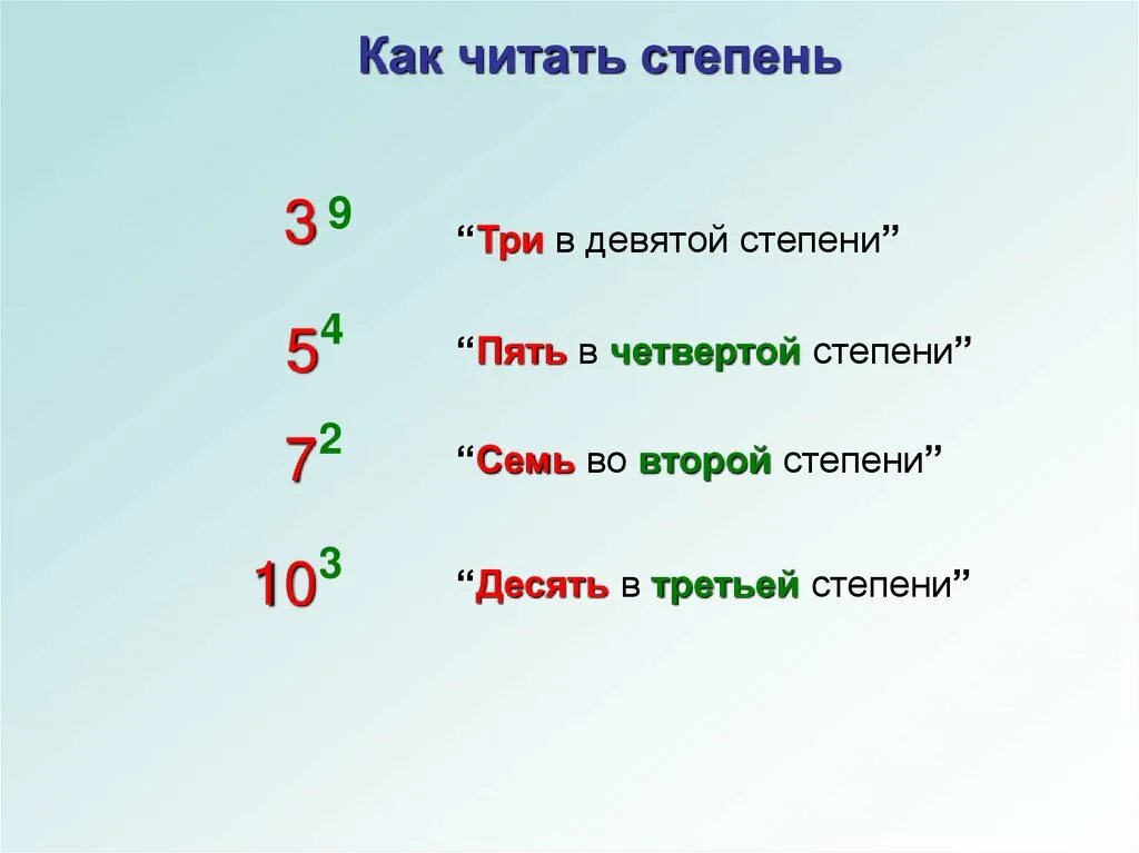 Как читать 9 2. Пять в четвертой степени. 9 В девятой степени в девятой степени. Десять в третьей степени. 3 В четвёртой степени.