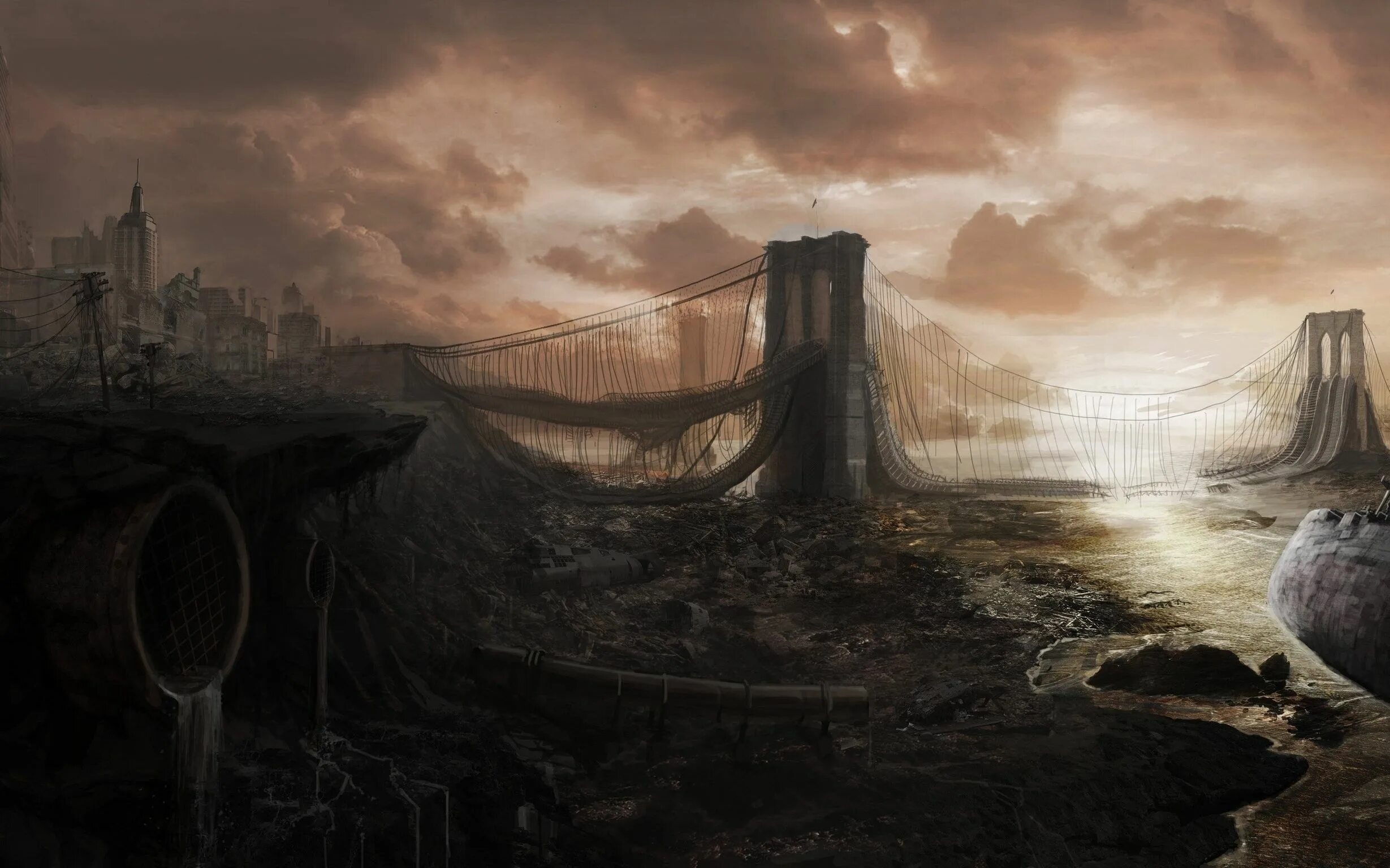Темный апокалипсис. Разрушенный Бруклинский мост. Постапокалипсис пейзаж. Постапокалипсис обои.