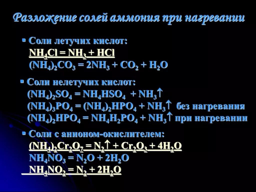 Нитрат аммония разложение при нагревании. Термическое разложение солей. Разложение солей аммония таблица. Термическое разложение соли. Разложение солей аммония.