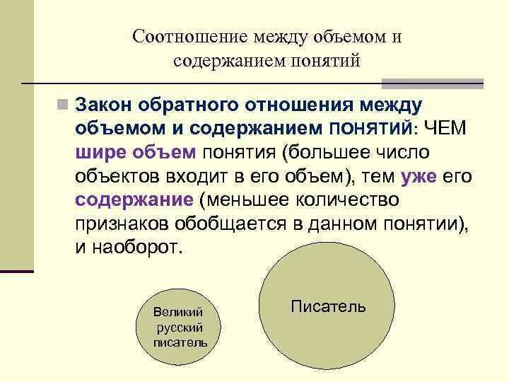 Определить содержание объем вид понятия. Соотношение объема и содержания понятия. содержание и объем понятия. содержание понятия это. содержание и объем понятия логика.
