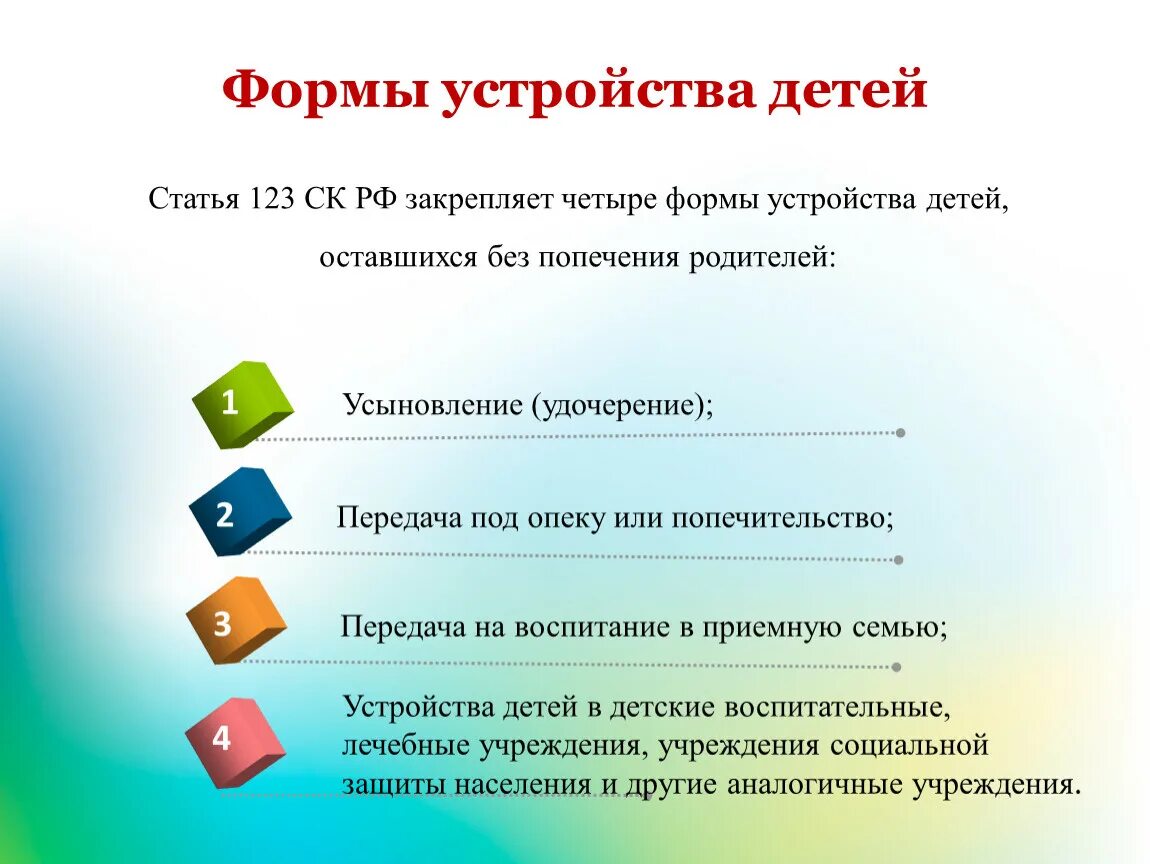 Попечение образовательных учреждений. Основные устройства формы детей оставшихся без попечения. Формы устройства детей в семью. Виды семейного устройства. Формы устройства в семью детей оставшихся без попечения родителей.