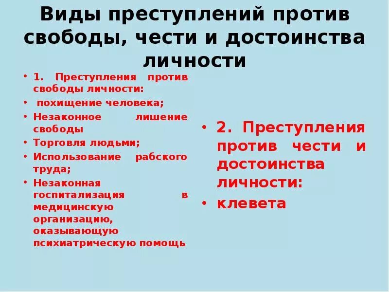 Ук рф против личности. Преступления против свободы, чести и достоинства человека. Преступления против свободы чести и достоинства личности. Понятие преступлений против чести и достоинства личности. Виды преступлений.