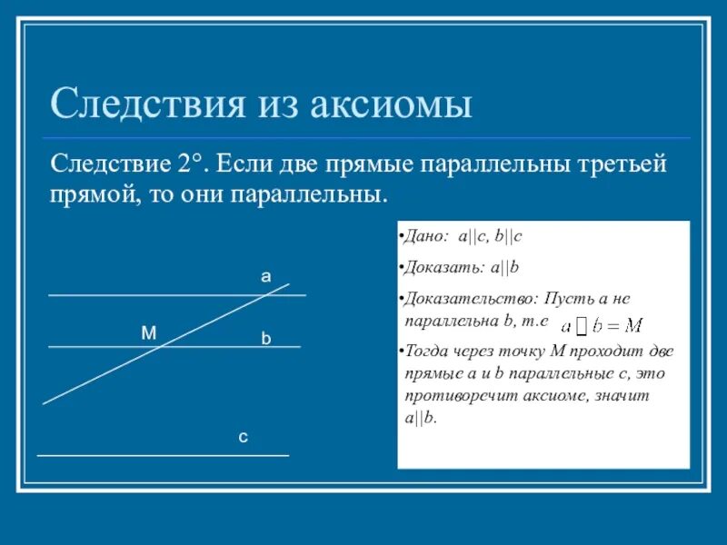 2 Следствие из Аксиомы параллельных прямых. Аксиомы и следствия геометрия 7 класс. Следствие 1 и 2 Аксиомы в геометрии 7 класс. Аксиома параллельных прямых и следствия 7 класс.