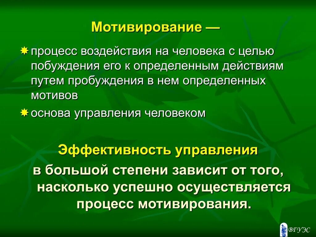 Определяет действие человека. Мотивирование. Процесс влияния на людей. Цель побуждения. Мотивирование группы.