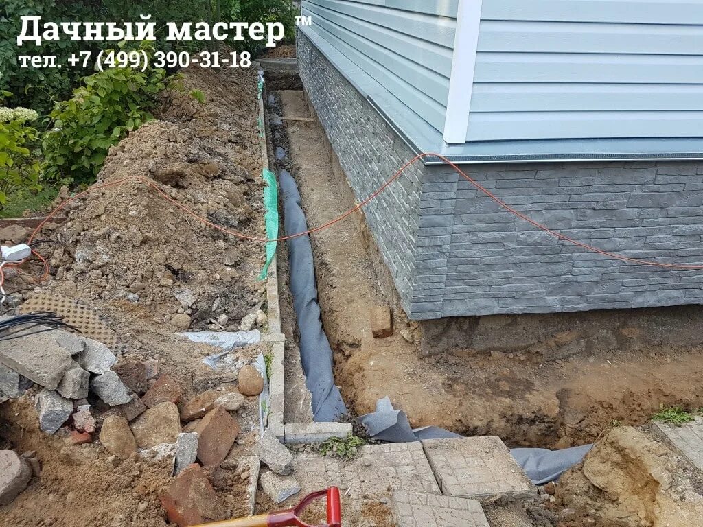 Фундамент ниже здания. Дренажная система вокруг отмостки. отмостка с дренажем. отмостка дома на неровном участке. фундамент вокруг здания.