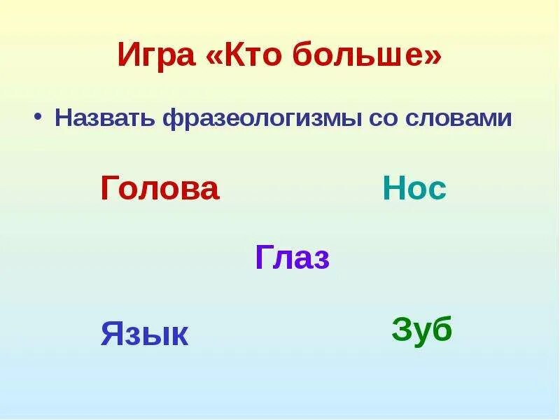 Игра кто больше назовет слов. Фразеологизмы со словами голова нос глаз. Игра в слова на голове. Слова в голове.