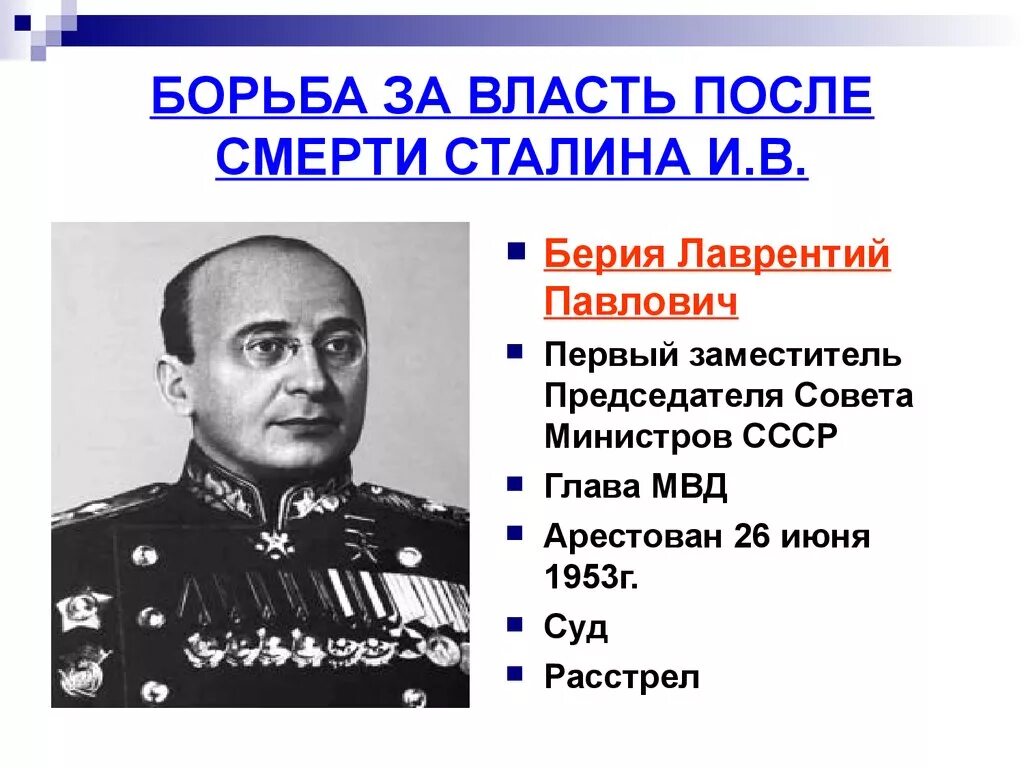 Берия должность после смерти Сталина. Борьба за власть после смерти Сталина Берия Маленков. Глава правительства после сталина