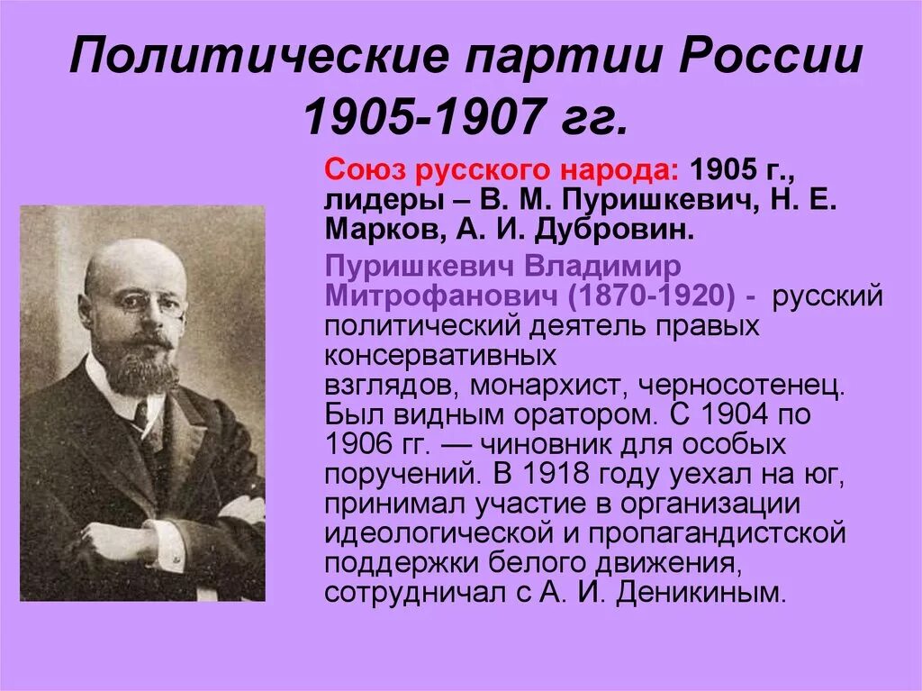 Пуришкевич Союз 17 октября. В М Пуришкевич Лидер партии. Дубровин и Пуришкевич Лидер партии. Политические партии России в революции 1905-1907. Революционные политические партии россии