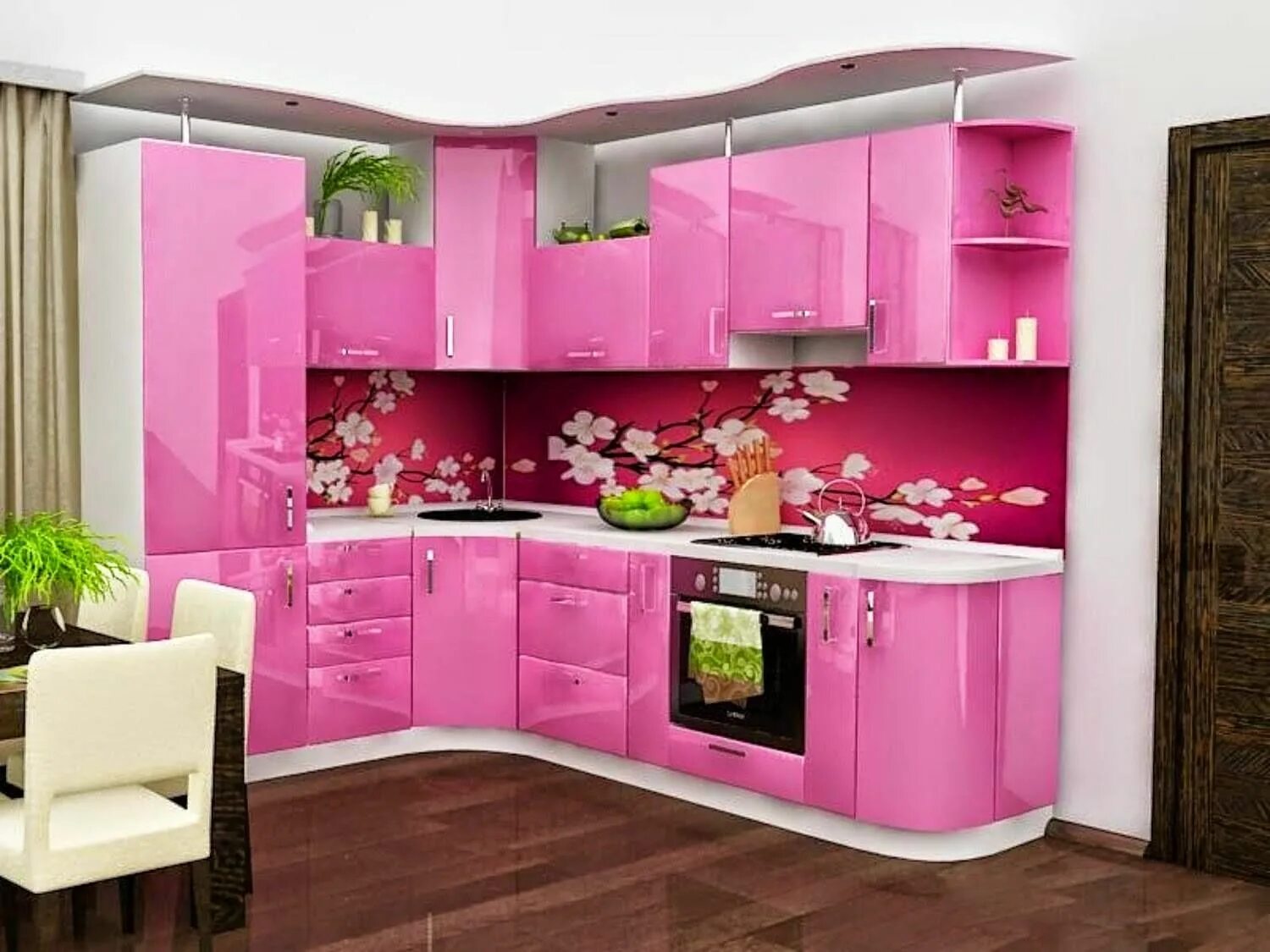 Кухонные гарнитуры. Кухонный гарнитур розовый. Красивый кухонный гарнитур. Угловые кухни.
