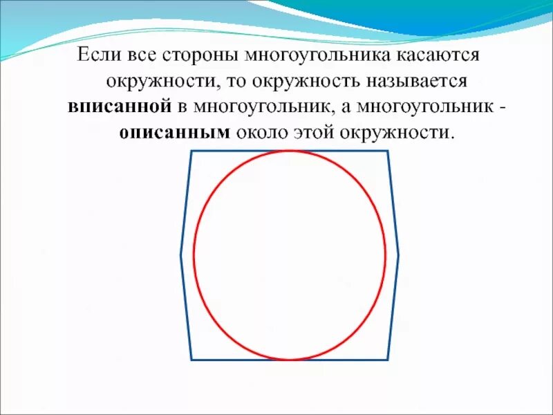Окружность вписанная в многоугольник. Многоугольник описанный около окружности. Окружность называется вписанной. Окружность называется вписанной в многоугольник.