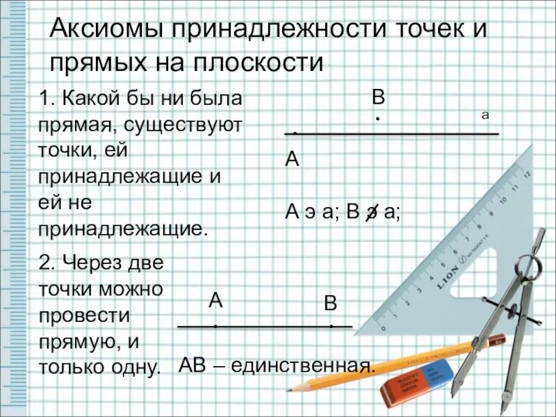 Аксиомы точек и прямых. Аксиомы принадлежности в стереометрии. Аксиома принадлежности точек и прямых. Аксиомы расположения точек и прямых на плоскости. Аксиома принадлежности прямой и плоскости.