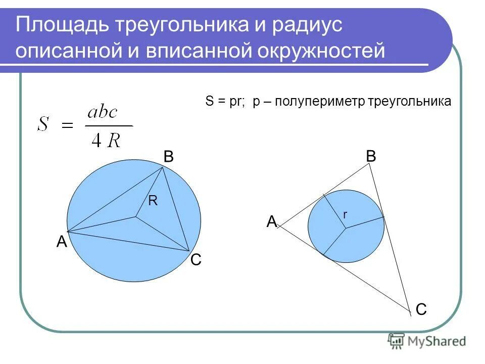 Формула площади треугольника через радиус описанной окружности. Формула площади треугольника через радиус. Формула площади треугольника с радиусом вписанной окружности. Площадь треугольника радиус описанной окружности.